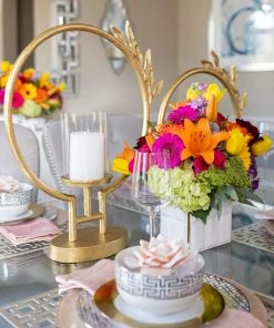 Inspire Me! Home Decor Golden Circle Leaf Design Hurricane Candle Holder (2 Sizes) " From Pops Of Color Home Collection" 11 Inspire Me! Home Decor Golden Circle Leaf Design Hurricane Candle Holder (2 Sizes)