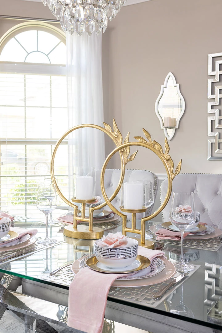 Inspire Me! Home Decor Golden Circle Leaf Design Hurricane Candle Holder (2 Sizes) " From Pops Of Color Home Collection" 3 Inspire Me! Home Decor Golden Circle Leaf Design Hurricane Candle Holder (2 Sizes) " From Pops Of Color Home Collection"