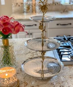 Inspire Me! Home Decor 3-Tier Dessert Stand With Gold Flowers