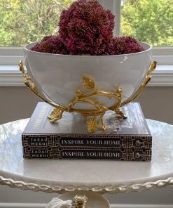 Inspire Me! Home Decor White Glass Bowl With Gold Leaf Stand
