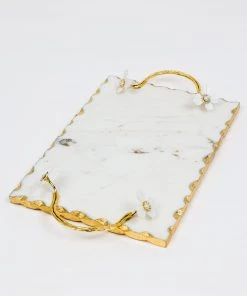 Inspire Me! Home Decor Large Rectangular Marble Tray With White Jeweled Flower Details