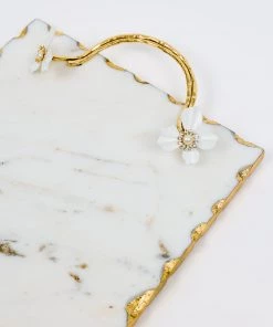 Inspire Me! Home Decor Large Rectangular Marble Tray With White Jeweled Flower Details