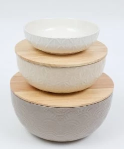 Inspire Me! Home Decor Set Of 3 Ceramic Bowls With 2 Wood Lids