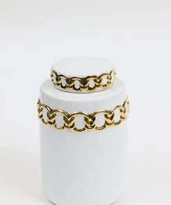 Inspire Me! Home Decor Jars White Ceramic Lidded Jar With Stunning Gold Chain Details (3 Sizes)