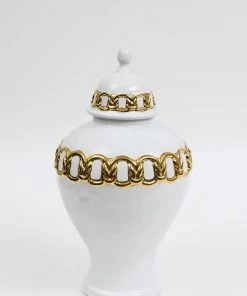 Inspire Me! Home Decor White Ceramic Ginger Jar With Stunning Gold Chain Details (3 Sizes)