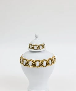 Inspire Me! Home Decor White Ceramic Ginger Jar With Stunning Gold Chain Details (3 Sizes)