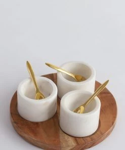 Inspire Me! Home Decor Set Of 3 Marble Spice Bowls W/ Gold Spoons And Wood Base