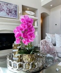 Inspire Me! Home Decor Pink Faux Orchid In Beveled Gold Pot "From Pops Of Color Home Collection" Floral Stems