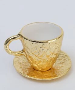 Inspire Me! Home Decor Gold Textured Metal Tea Cup And Saucer With White Interior