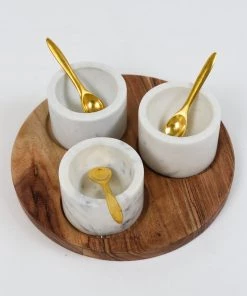 Inspire Me! Home Decor Set Of 3 Marble Spice Bowls W/ Gold Spoons And Wood Base