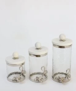 Inspire Me! Home Decor Gold Or Silver Metal Floral Glass Canisters With Marble Lid-With Metal Rim (3 Sizes) (2 Colors)