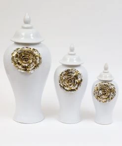 Inspire Me! Home Decor White Ginger Jar With Large Gold Flower Detail (3 Sizes)
