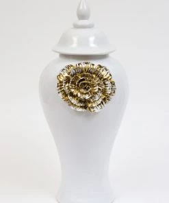Inspire Me! Home Decor White Ginger Jar With Large Gold Flower Detail (3 Sizes)