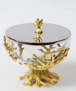 Inspire Me! Home Decor Glass Bowl On Gold Metal Branch Base With Lid