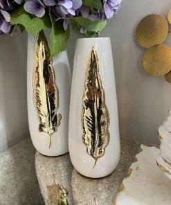 Inspire Me! Home Decor White Ceramic Vase With Gold Leaf Design (3 Sizes)
