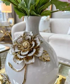 Inspire Me! Home Decor White Ceramic Vase With Gold Textured Flower Design