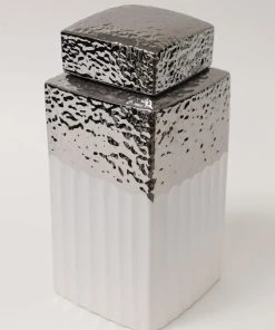 Inspire Me! Home Decor White Hammered Canister With Silver Border & Lid (3 Sizes) Gold