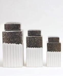 Inspire Me! Home Decor White Hammered Canister With Silver Border & Lid (3 Sizes) Gold