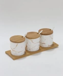 Inspire Me! Home Decor (Set Of 3) Metallic Gold Marble Print Spice Jars With Spoons And Wooden Lid With Tray 7 Inspire Me! Home Decor (Set Of 3) Metallic Gold Marble Print Spice Jars With Spoons And Wooden Lid With Tray