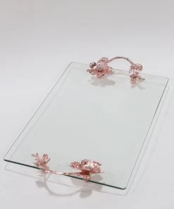 Inspire Me! Home Decor Rose Gold Crystal Floral Handled Glass Tray
