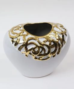 Inspire Me! Home Decor White Ceramic Vase With Stunning Gold Border Design