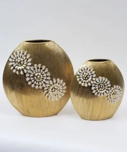 Inspire Me! Home Decor Round Textured Ceramic Gold Vase With White Flower Design (2 Sizes)