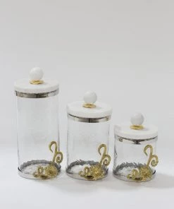 Inspire Me! Home Decor Gold Or Silver Metal Floral Glass Canisters With Marble Lid-With Metal Rim (3 Sizes) (2 Colors)