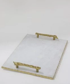 Inspire Me! Home Decor White Marble Tray With Gold Textured Handles And Edge