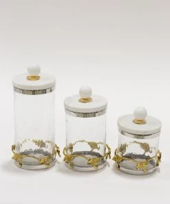 Inspire Me! Home Decor Gold Or Silver Metal Leaf Branch W/ Marble Ball Lid Canisters- With Metal Rim (3 Sizes & 2 Colors)