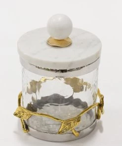Inspire Me! Home Decor Gold Or Silver Metal Leaf Branch W/ Marble Ball Lid Canisters- With Metal Rim (3 Sizes & 2 Colors)