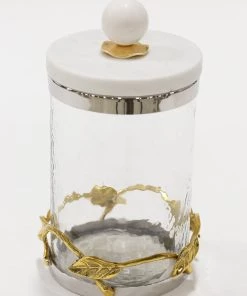 Inspire Me! Home Decor Gold Or Silver Metal Leaf Branch W/ Marble Ball Lid Canisters- With Metal Rim (3 Sizes & 2 Colors)