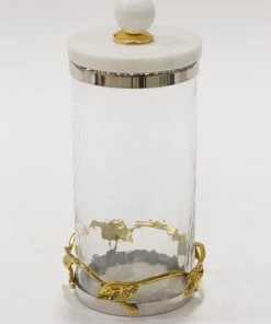 Inspire Me! Home Decor Gold Or Silver Metal Leaf Branch W/ Marble Ball Lid Canisters- With Metal Rim (3 Sizes & 2 Colors)