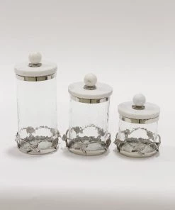 Inspire Me! Home Decor Gold Or Silver Metal Leaf Branch W/ Marble Ball Lid Canisters- With Metal Rim (3 Sizes & 2 Colors)