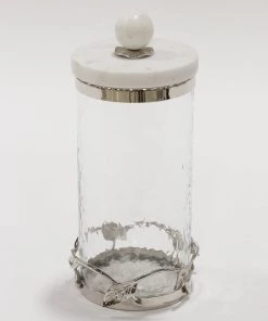 Inspire Me! Home Decor Gold Or Silver Metal Leaf Branch W/ Marble Ball Lid Canisters- With Metal Rim (3 Sizes & 2 Colors)