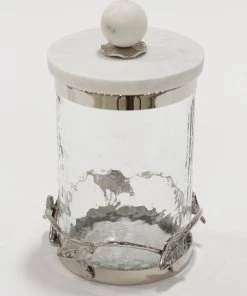 Inspire Me! Home Decor Gold Or Silver Metal Leaf Branch W/ Marble Ball Lid Canisters- With Metal Rim (3 Sizes & 2 Colors)