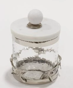 Inspire Me! Home Decor Gold Or Silver Metal Leaf Branch W/ Marble Ball Lid Canisters- With Metal Rim (3 Sizes & 2 Colors)