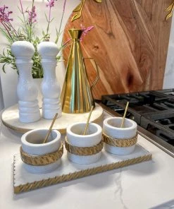 Inspire Me! Home Decor White Marble Condiment Tray With 3 Bowls & Golden Spoons