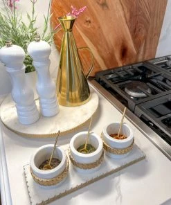 Inspire Me! Home Decor White Marble Condiment Tray With 3 Bowls & Golden Spoons