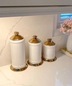 Inspire Me! Home Decor White Ceramic Jars With Gold Flower Lid (3 Sizes)