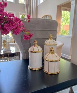 Inspire Me! Home Decor White Ceramic Lidded Jar With Gold Linear Detail (3 Sizes)