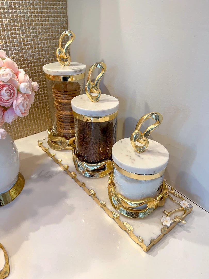 Inspire Me! Home Decor Glass Canisters With Gold Knot Design And Marble Lid (3 Sizes) 4 Inspire Me! Home Decor Glass Canisters With Gold Knot Design And Marble Lid (3 Sizes)