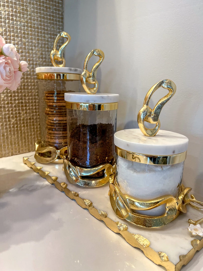 Inspire Me! Home Decor Glass Canisters With Gold Knot Design And Marble Lid (3 Sizes) 5 Inspire Me! Home Decor Glass Canisters With Gold Knot Design And Marble Lid (3 Sizes)