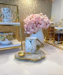 Inspire Me! Home Decor Gold & White Ceramic Mug With Marbled Design And Angled Gold Handle