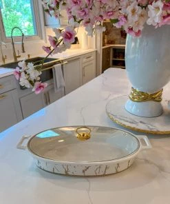 Inspire Me! Home Decor Oval Marble Print Platter With Glass Top & Gold Handle KITCHEN