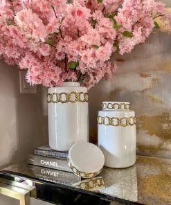 Inspire Me! Home Decor Jars White Ceramic Lidded Jar With Stunning Gold Chain Details (3 Sizes)