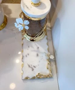 Inspire Me! Home Decor Small Rectangular Marble Tray With White Jeweled Flower Details