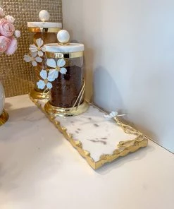 Inspire Me! Home Decor Small Rectangular Marble Tray With White Jeweled Flower Details