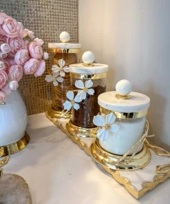 Inspire Me! Home Decor Hammered Glass Canister With White Jeweled Flower Details (3 Sizes) Gold