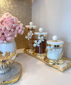 Inspire Me! Home Decor Small Rectangular Marble Tray With White Jeweled Flower Details