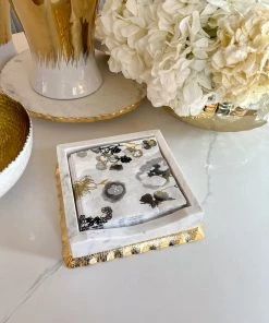 Inspire Me! Home Decor Gold White Marble Napkin Holder/Tray With Ruffled Border